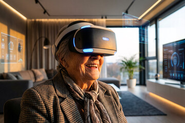 Senior Woman Experiencing Virtual Reality Headset Using Augmented Reality Interface For Smart Home Control And Modern Technology Engagement