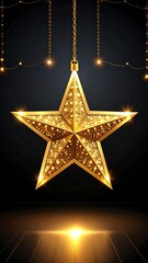 Glimmering gold star ornament hanging from above, with beaded light strands backdrop