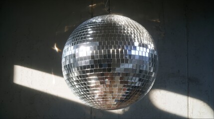 Close-up of a disco ball hanging, reflecting light, with a concrete wall in the background, lit by a natural sunlight beam