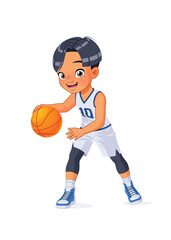 Happy Asian school boy playing basketball. Cartoon vector illustration.