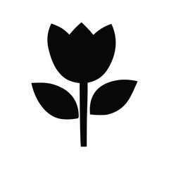 Simple black and white illustration of a tulip flower with two leaves