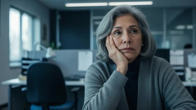 Tired Mature Woman Experiencing Workplace Fatigue in Modern Office Environment