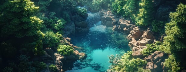 Obraz premium Serene Forest Escape in Realistic Style with Waterfall Surrounded by Lush Greenery