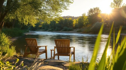 Fototapeta premium Serene Retreat by the Tranquil River at Sunrise with Chairs for Relaxation