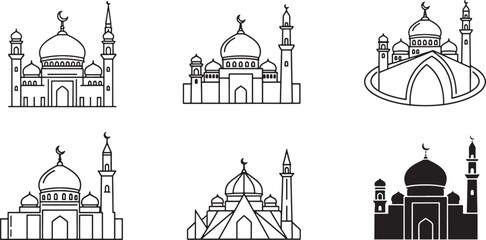 Islamic Mosque Architecture Line Art and Silhouette Icon Set for Ramadan Kareem Religious Celebration and Middle Eastern Cultural Landmark Design