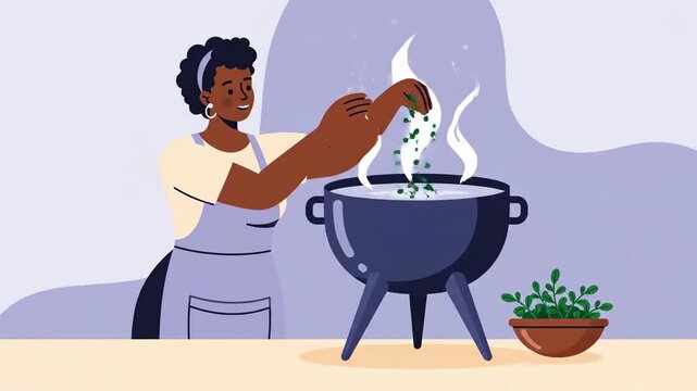 Woman Preparing Herbal Stew: A Culinary Journey in a Stylized Animated Illustration