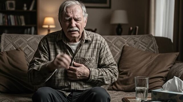 Elderly man deeply coughing with flu symptoms sitting alone on couch.
