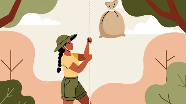 Woman Pulling a Bag on a Rope in an Illustration of a Park or Nature Scene