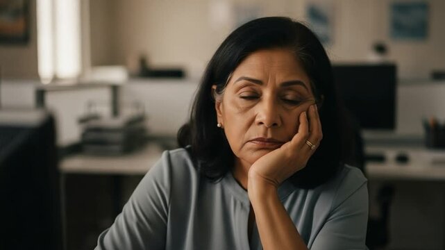 Middle-Aged Woman in Office Setting Displaying Pensive Expression Reflecting on Work Challenges