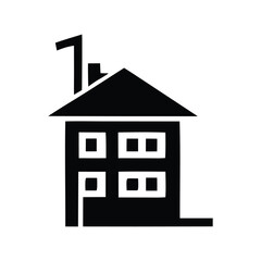 Minimalist black silhouette icon of a two-story house with a pitched roof and chimney, symbolizing home, property, and architecture for clean and modern graphic design applications