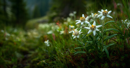 Close-up bunch of Edelweiss flowers on blurred green leaves flower field background. Edelweiss is a rare flower plant in Leontopodium genus native to the European Alps carries symbolism of devotion
