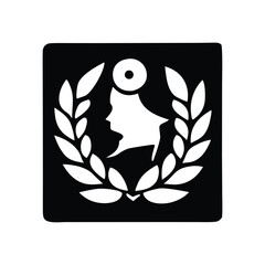 Black and white emblem featuring a profile silhouette of a head surrounded by a laurel wreath, symbolizing achievement and recognition