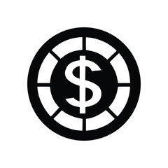 Minimalist flat design vector graphic of a financial token, showcasing a dollar currency symbol within a classic casino chip silhouette, ideal for digital economy and payment themes