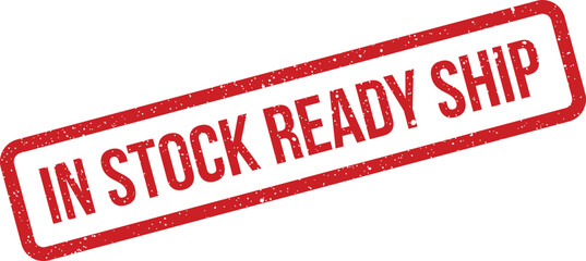 Red rectangular grunge style rubber stamp confirms an item is in stock and ready to ship promptly © Mahmud