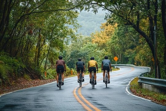 four cyclists riding on a wet winding forest road under overcast sky, wearing helmets and colorful jerseys, conveying camaraderie, focus and quiet determination