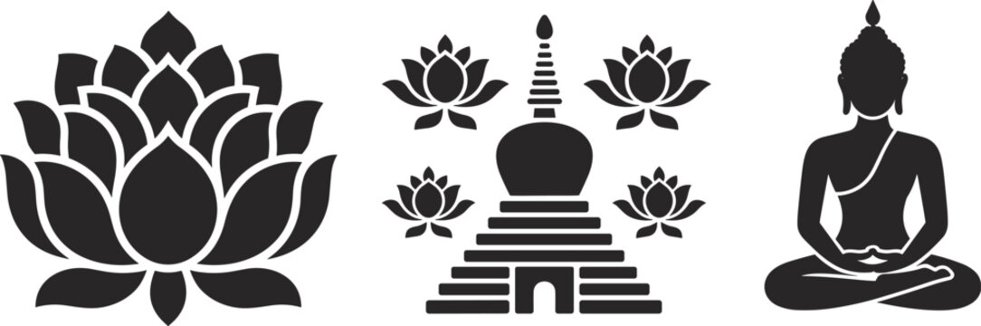 Buddhist spiritual symbols silhouette, lotus flower, stupa, meditating figure vector illustration for mindfulness, peace, enlightenment, meditation, and sacred design