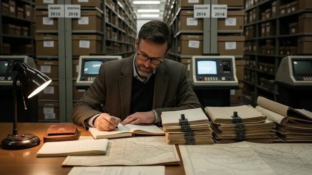 Focused Male Archivist Working at Table Surrounded by Documents in Record Storage Facility