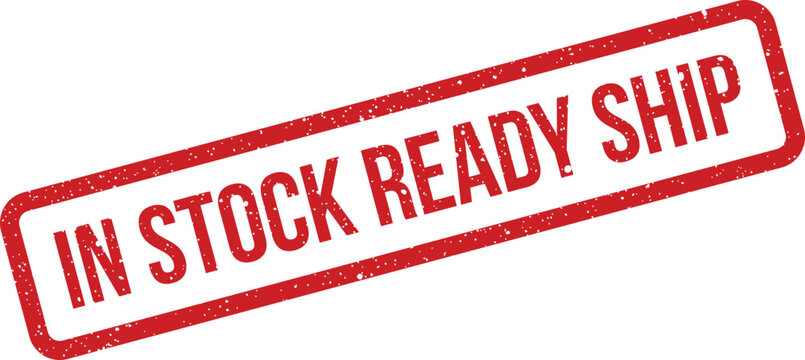 Red rectangular grunge style rubber stamp confirms an item is in stock and ready to ship promptly
