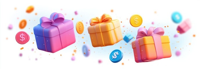 Three colorful gift boxes with bows surrounded by floating coins marked with dollar symbols, confetti and pastel background conveying a playful celebratory mood