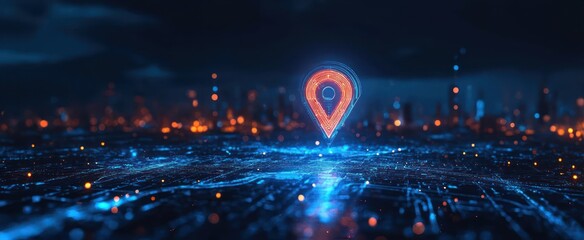 Neon location pin hovering above a glowing digital city grid at night, electric blue circuitry and warm orange lights evoke precision, connectivity and futuristic wonder