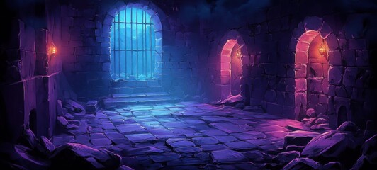 empty stone dungeon chamber with barred window, two arched torchlit doorways, scattered rubble, stone steps and eerie blue and purple glow
