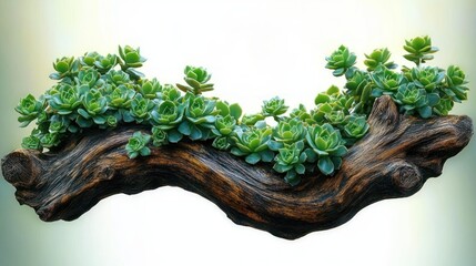 Cluster of green succulent rosettes growing along a curved weathered wood log on a soft white background, serene organic arrangement evoking calm and harmony