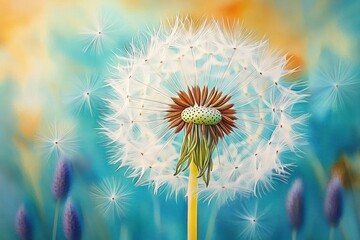 close-up dandelion seed head with white fluffy seeds drifting across a soft turquoise and golden bokeh background with blurred purple buds, evoking peaceful dreamy calm