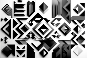 black and white layered geometric shapes with strong shadows creating a dynamic abstract pattern and bold minimalist contrast