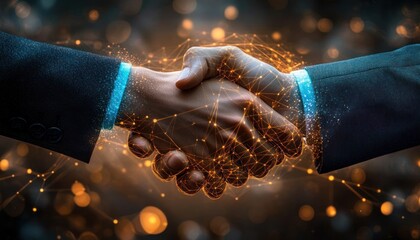 Two professionals in dark suits shaking hands surrounded by glowing orange network nodes and lines with warm bokeh lights, conveying trust and futuristic collaboration