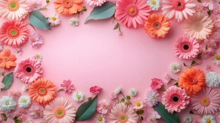 Fototapeta premium soft pink floral frame of gerbera daisies, small white daisies, mixed coral and peach blooms with green leaves on a pastel pink background, cheerful romantic spring mood and blank center