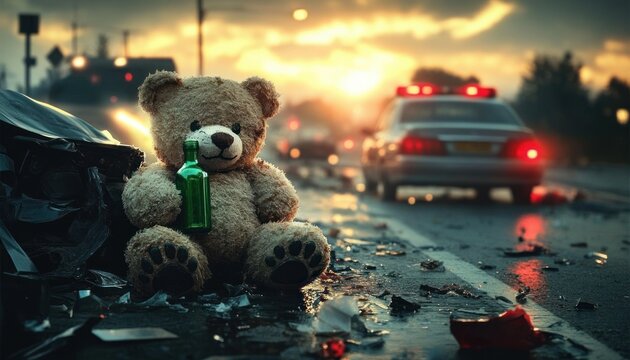 Worn teddy bear clutching a green bottle amid shattered glass and car wreckage on a wet road as a police cruiser with flashing lights approaches at sunset, somber and tragic