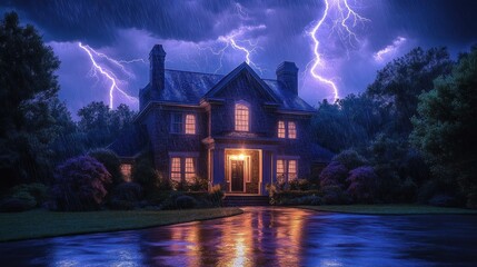 Two-story brick house with warm glowing windows and porch light on a stormy night as lightning forks across the sky, heavy rain soaking a reflective driveway, eerie dramatic mood