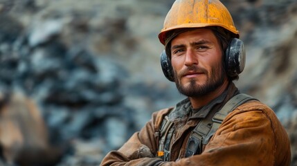 Fototapeta premium Determined mine worker in yellow hard hat and earmuffs wearing a dusty jacket and safety harness, arms crossed in front of a rocky quarry backdrop