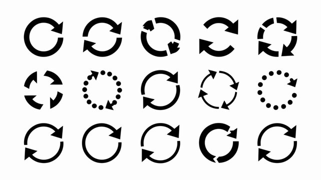Collection of Black Circular Arrows and Rotation Symbols, Vector Loop Icons, Refresh and Reload Signs, Curved Arrow Graphics, Circular Motion Illustrations, Simple Design, Minimalist White Background