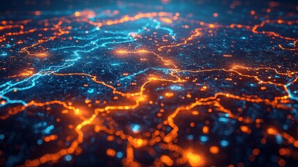 glowing blue and orange network of connected nodes and lines on a dark surface, vibrant electric data map conveying futuristic energy and dynamic connectivity