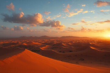 Naklejka premium Expansive sunlit sand dunes at sunset under scattered clouds with distant hills, evoking serene warmth and quiet wonder