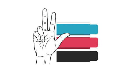 Fototapeta premium A hand displaying a three-finger count or gesture, positioned beside an infographic illustration with three distinct, layered colored bars representing options or steps.