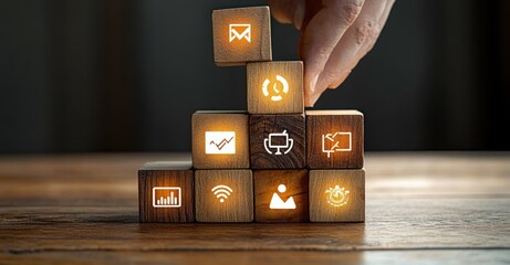 Hand placing illuminated wooden blocks with business and technology icons stacked in a pyramid, warm light conveying strategy, growth and collaborative planning