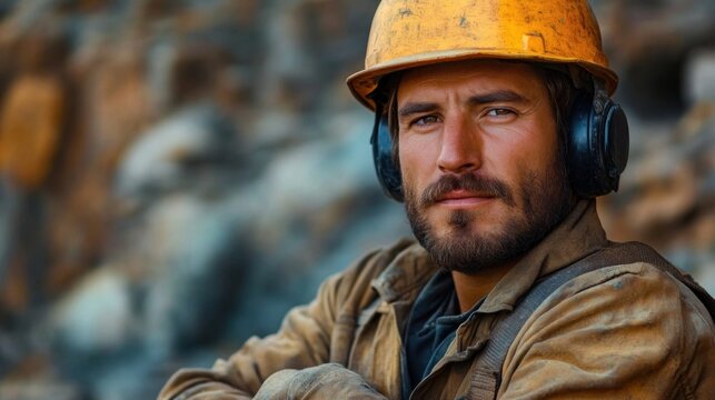 dusty construction worker in yellow hard hat and earmuffs wearing a worn jacket with folded arms against a rocky industrial background, appearing determined and weathered