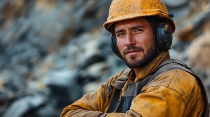 Fototapeta premium dusty industrial worker in yellow helmet and earmuffs wearing protective jacket and overalls with crossed arms, determined and weary in rocky outdoor worksite