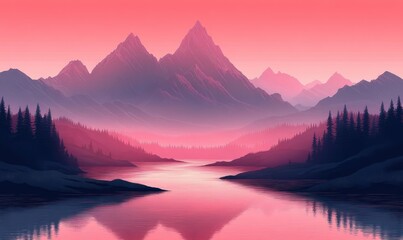 Misty alpine mountains under a pink sky with pine forests, a reflective lake and a serene, dreamy atmosphere