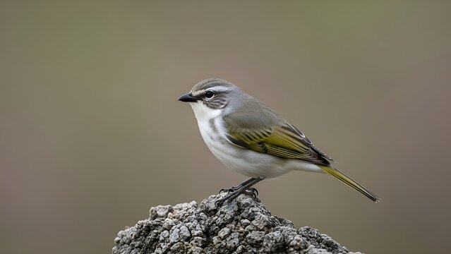 Detailed close up shot of a white-eyed vireo perched on a rocky surface in nature