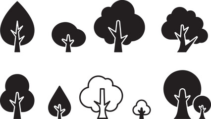 Rounded Minimalist Tree Silhouette and Outline Icon Set for Environmental Protection Forestry Nature Conservation and Green Landscape Design