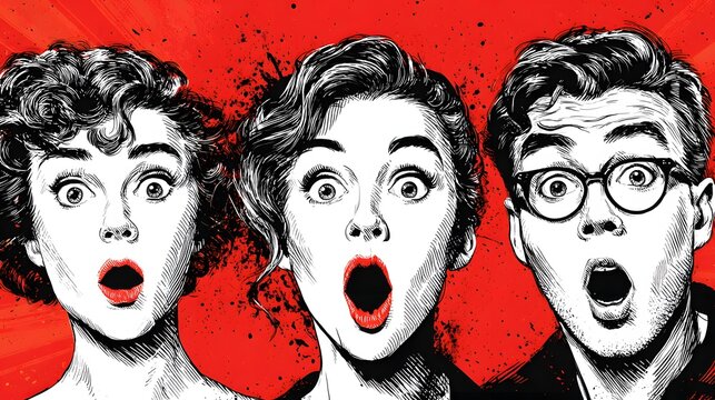 Three Shocked Faces - A Vintage Pop Art Illustration.