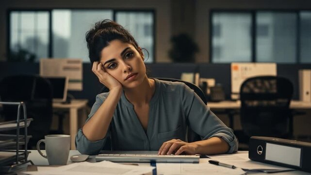 Tired Young Woman in Office Setting Looking Stressed at Work During Late Hours