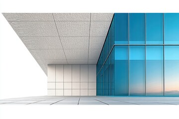 Minimal modern building exterior with blue glass facade, white panel wall, textured overhang and tiled plaza, serene sunset reflection and geometric perspective