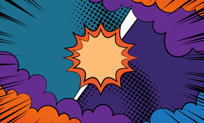 Abstract comic style Vector Background with Yellow Sun and Nature Elements