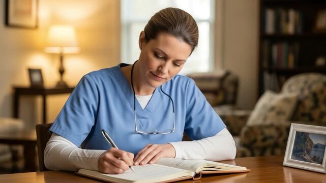 Focused Female Medical Worker Taking Notes at Home Workspace During Daytime