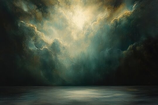 Vast dark seascape with heavy teal storm clouds and glowing golden light breaking through, calm reflective water evoking awe, serenity, and mysterious atmosphere - Powered by Adobe