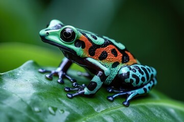 Obraz premium vibrant colorful frog perched on wet green leaf with water droplets, detailed close-up revealing textured skin and alert glossy eye in lush tropical setting